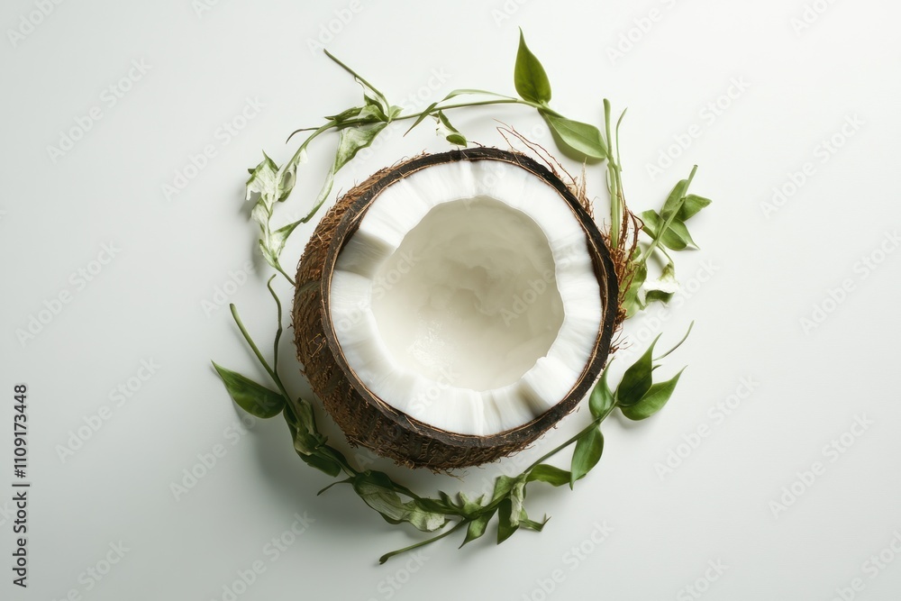 Halved coconut with green leaves in a circular arrangement on white background. Halved coconut with green leaves in a circular arrangement on white background.
