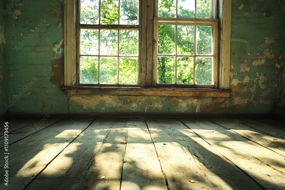 Sunlit Abandoned Room with Rustic Windows Sunlit Abandoned Room with Rustic Windows
