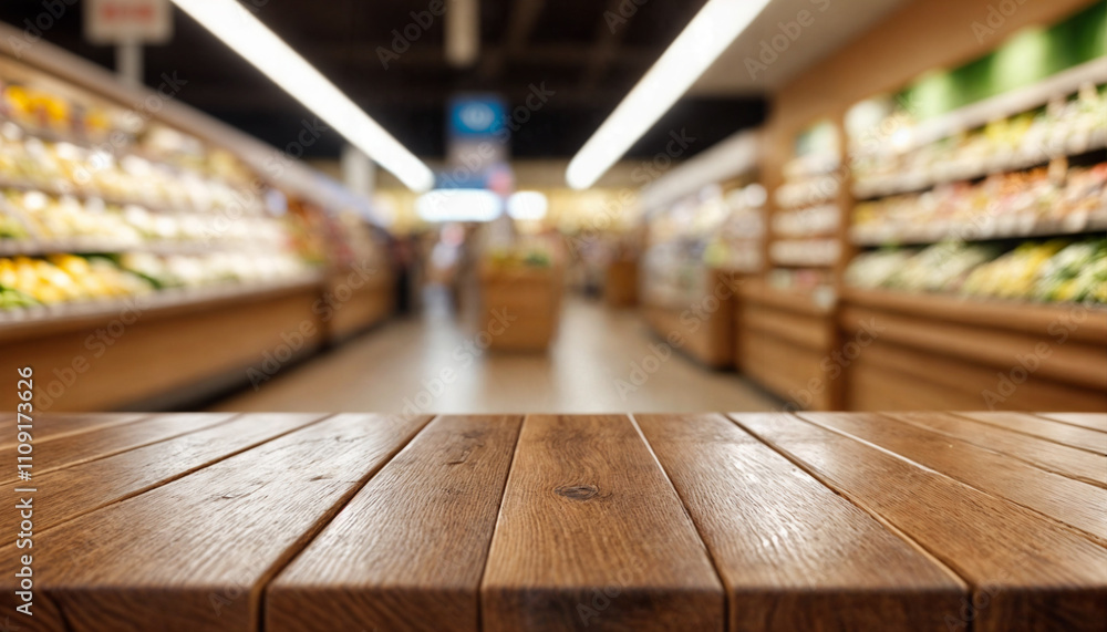 Empty wooden table with supermarket space as background. Empty wooden table with supermarket space as background.