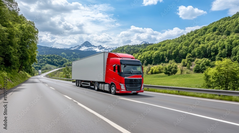 Red Semi Truck Speeding Along Scenic Highway with Mountains Red Semi Truck Speeding Along Scenic Highway with Mountains
