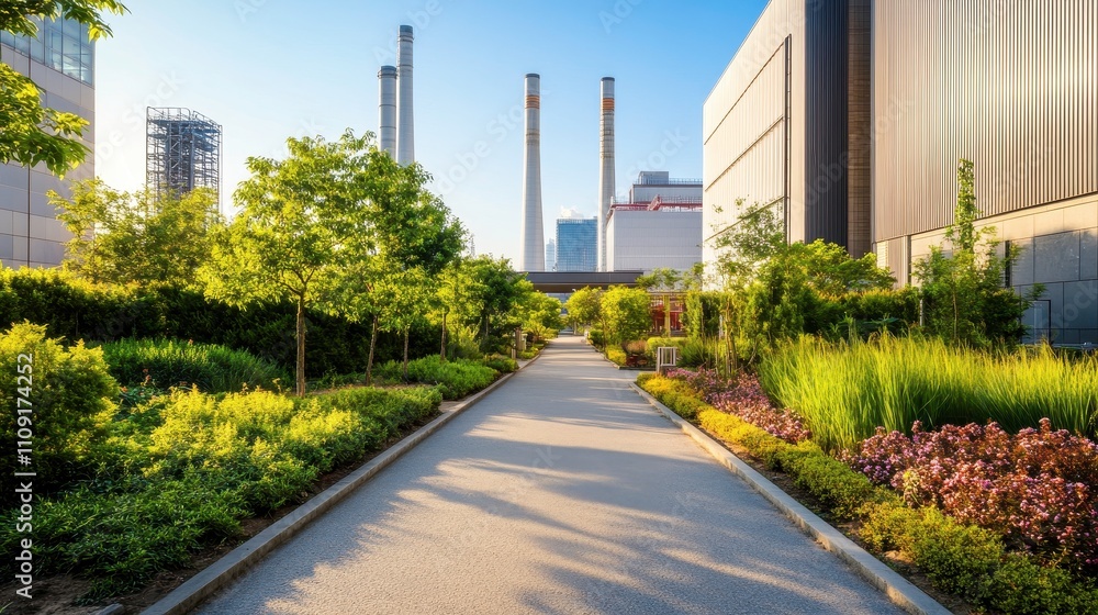 Urban Garden Path with Industrial Background Urban Garden Path with Industrial Background