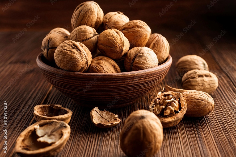 A wooden bowl filled with whole walnuts placed on a rustic table. Shelled walnuts scattered around add a natural, healthy aesthetic. Perfect for illustrating nutritious eating and natural food themes. A wooden bowl filled with whole walnuts placed on a rustic table. Shelled walnuts scattered around add a natural, healthy aesthetic. Perfect for illustrating nutritious eating and natural food themes.