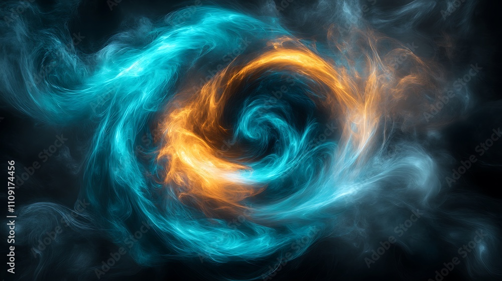 Obraz premium A dynamic swirl of vibrant cyan and amber hues blending seamlessly with a misty texture, evoking a sense of energy and depth, set against a smoky black.