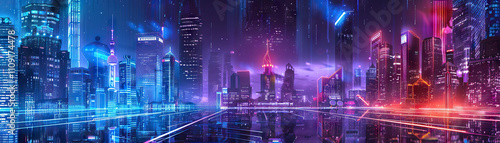 Futuristic Cityscape: Neon city colors like futuristic blue, cyberpunk purple, and neon skyline yellow create a futuristic cityscape theme. This scheme is often used in futuristic cityscape photo