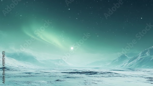 Soft green auroras curving over the snowfields of a desolate tundra under a peaceful sky