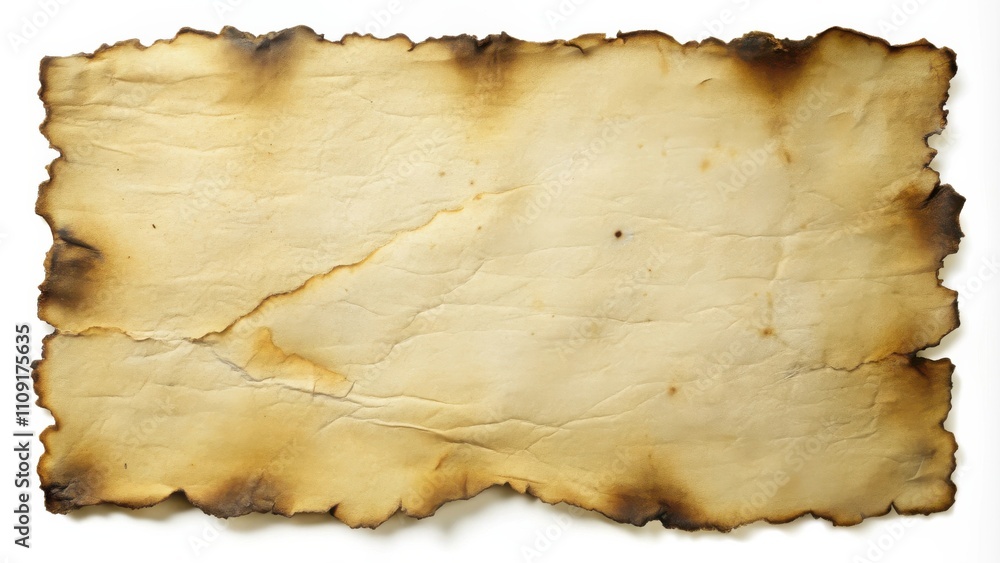 Fototapeta premium A piece of old, burned paper with a rough, irregular edge and a light brown, cream color.