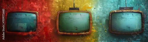 Retro TV Show: Bold colors like TV screen green, retro red, and vintage yellow create a retro TV show theme photo