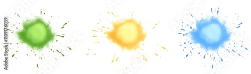 Green, blue, and yellow powder explosion on a white background