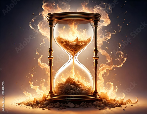 Fiery Sands of Time: An Hourglass Consumed by Flames, A Surreal Digital Art photo