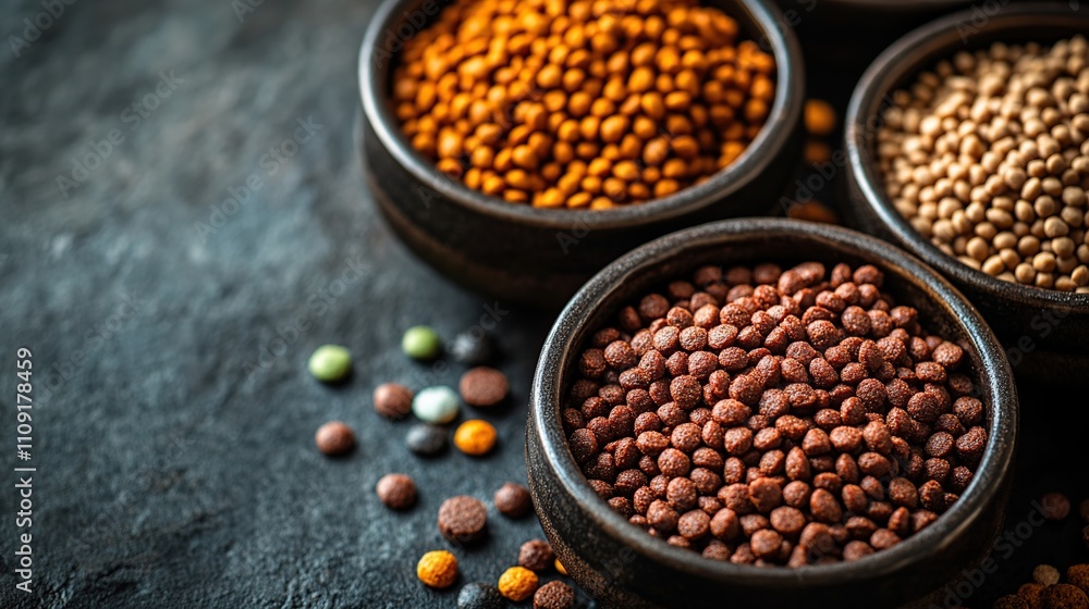 Close-up of three bowls filled with various colorful small round granules on a dark background. Close-up of three bowls filled with various colorful small round granules on a dark background.