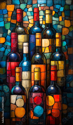 Artistic display of colorful wine bottles. Brightly colored wine bottles are arranged artistically against a vibrant mosaic background, showcasing various hues.