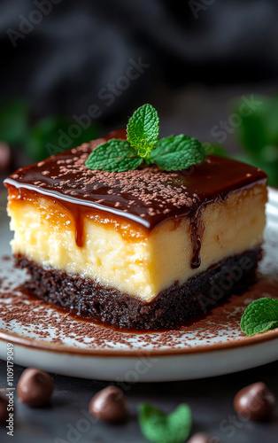 Chocolate caramel layered dessert. A rich layered dessert featuring creamy custard, chocolate, and caramel on a chocolate brownie base garnished with mint. photo