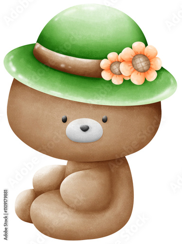 Bear wearing a green hat with sunflowers