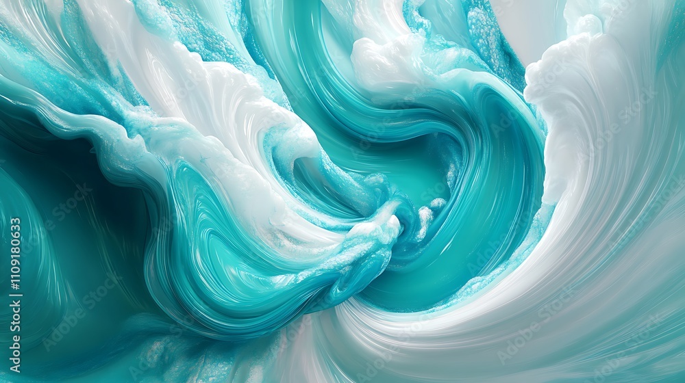 Obraz premium A dynamic swirl of vibrant turquoise and pearlescent white hues blending seamlessly with a misty texture, evoking a sense of energy and depth, set against a soft velvet.
