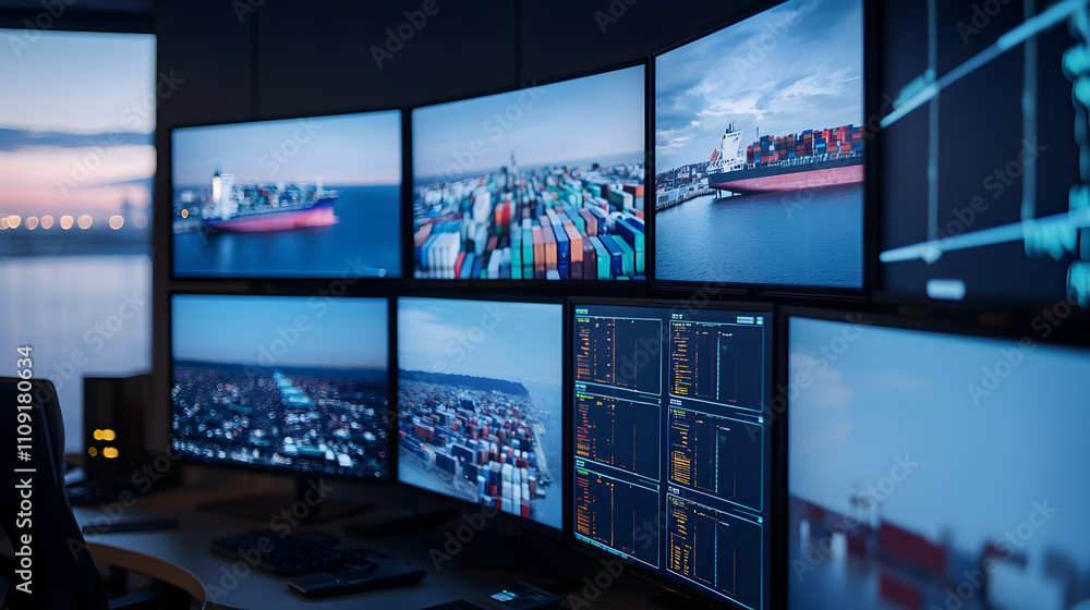 Global Logistics Control Center Monitoring Shipping and Cargo Operations on Multiple Screens Global Logistics Control Center Monitoring Shipping and Cargo Operations on Multiple Screens