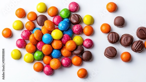 Colorful candy assortment with chocolate treats on a white background photo