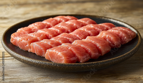 Fresh sushi grade tuna arranged on a dark plate. Slices of fresh sushi grade tuna are neatly arranged on a dark plate, showcasing vibrant pink color and texture. photo