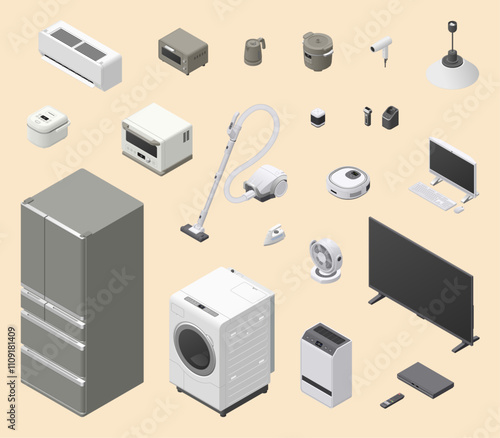 アイソメトリック図法で描いた家電のイラスト20点セット / 20 piece home appliance package. Isometric illustration