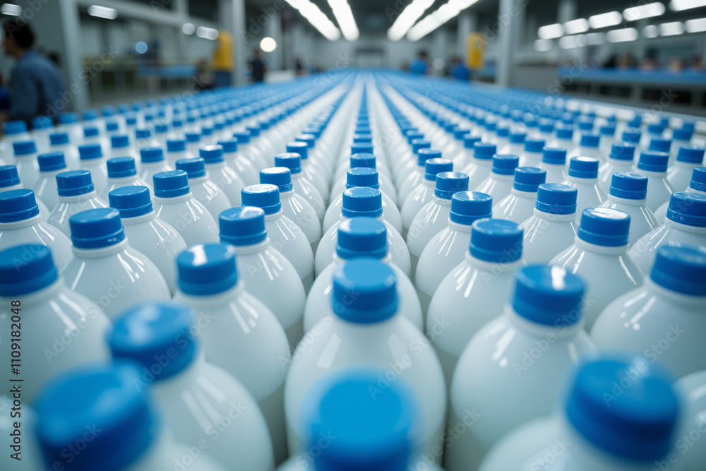 Fototapeta premium Rows of white bottles with blue caps on a conveyor belt in a factory, with workers in the background.