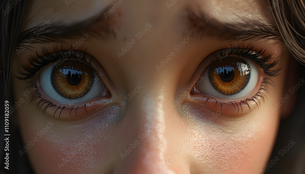 Naklejka premium Expressive close-up of a young girl with captivating brown eyes and detailed lashes in a soft focus 