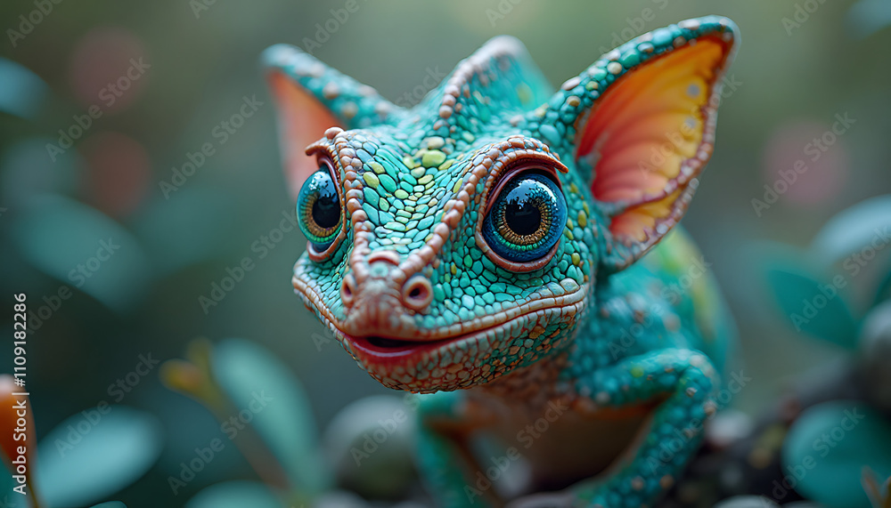 Fototapeta premium Cute and colorful lizard-like creature with big eyes perched among foliage in a vibrant setting 