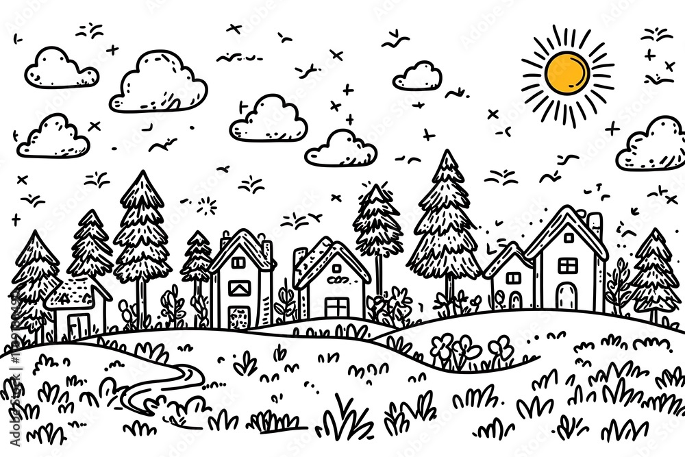 Naklejka premium Coloring page summer sun, trees, rustic landscape black line design 