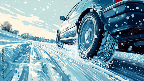 冬の雪道を走るSUV車のイラスト