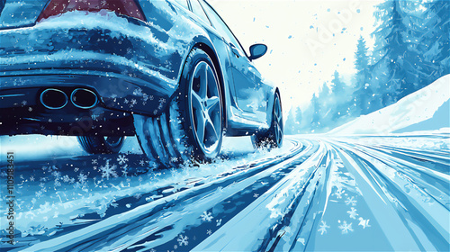 冬の雪道を走るSUV車のイラスト