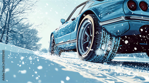 冬の雪道を走るSUV車のイラスト
