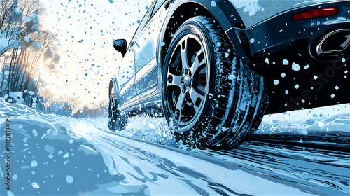 冬の雪道を走るSUV車のイラスト