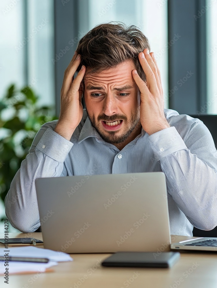 Businessman Experiencing a Moment of Clarity - Stressed businessman at his desk, hands on head, looking at laptop screen. Symbolizing stress, problem-solving, breakthrough, decision-making, relief. Businessman Experiencing a Moment of Clarity - Stressed businessman at his desk, hands on head, looking at laptop screen. Symbolizing stress, problem-solving, breakthrough, decision-making, relief.