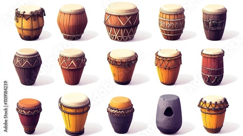 Collection of various stylized 3D models of drums, showcasing different designs, materials, and sizes, ideal for game assets or musical illustrations. photo