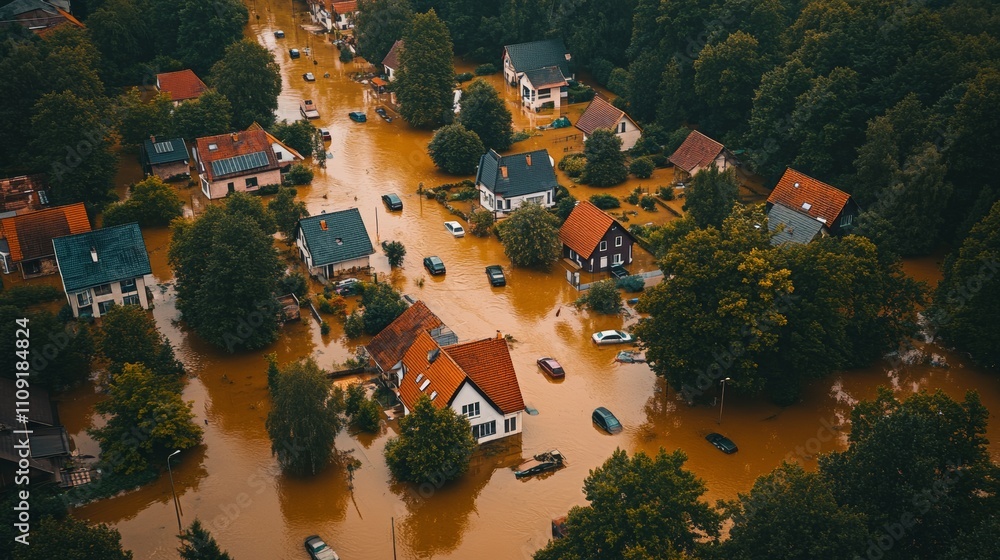 Obraz premium Aerial View of Suburban Town Surrounded by Flooded Landscape