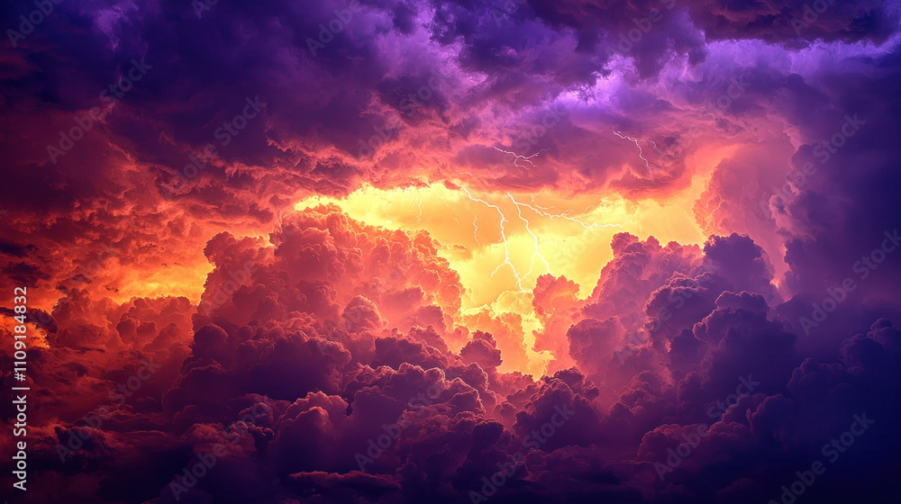 Dramatic Thunderstorm Clouds in Purple and Gold with Striking Lightning as Wallpaper Background Illustration Dramatic Thunderstorm Clouds in Purple and Gold with Striking Lightning as Wallpaper Background Illustration