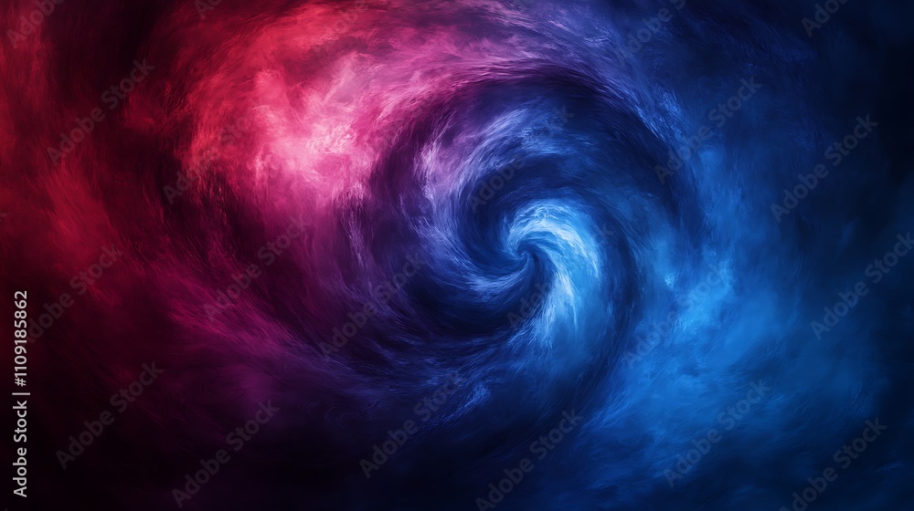 Fototapeta premium A dynamic swirl of vibrant indigo and maroon hues blending seamlessly with a misty texture, evoking a sense of energy and depth, set against a gradient of twilight colors.