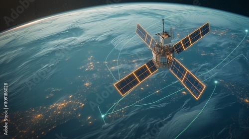 Satellite Orbiting Earth with Digital Communication Lines photo