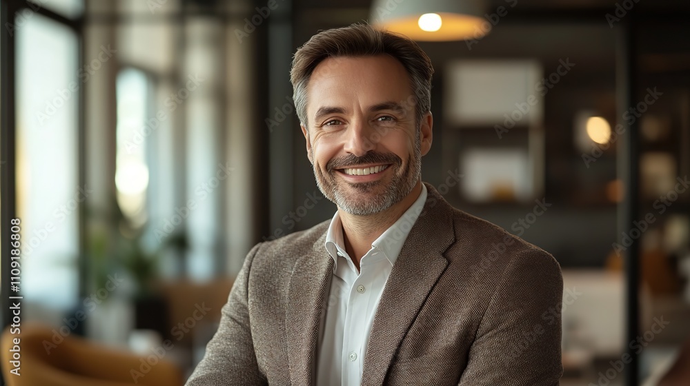Successful adult CEO or entrepreneur looking confidently at camera in office Successful adult CEO or entrepreneur looking confidently at camera in office