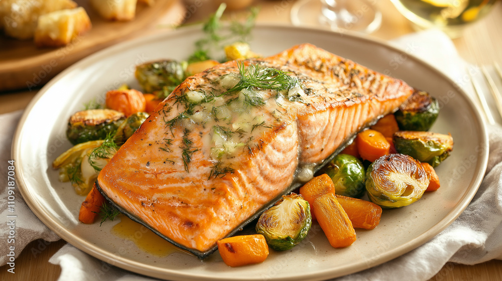 A beautifully plated salmon dinner featuring vibrant vegetables, this dish epitomizes culinary art, gourmet appeal, and the joys of healthy, flavorful eating. A beautifully plated salmon dinner featuring vibrant vegetables, this dish epitomizes culinary art, gourmet appeal, and the joys of healthy, flavorful eating.