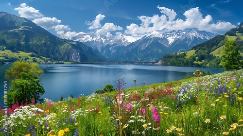 Idyllic summer landscape with a flower meadow, snowy mountains and a blue lake, Zell am See, Pinzgau, Salzburger Land, Austria, Europe