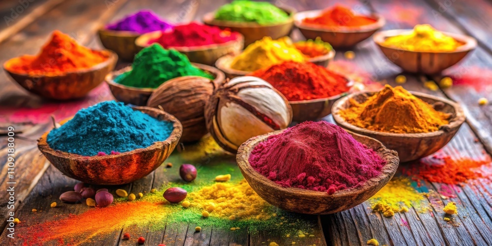 Fototapeta premium A vibrant display of colorful powder pigments arranged in natural bowls, showcasing a spectrum of hues on a rustic wooden surface