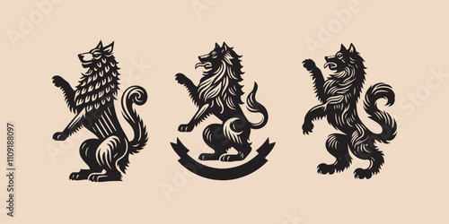 Heraldic wolf, dog.  Coat of arms set. Black vector illustration. Icon, logo, emblem.