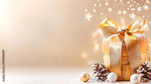 A gold wrapped cake with a bow on top sits on a table photo