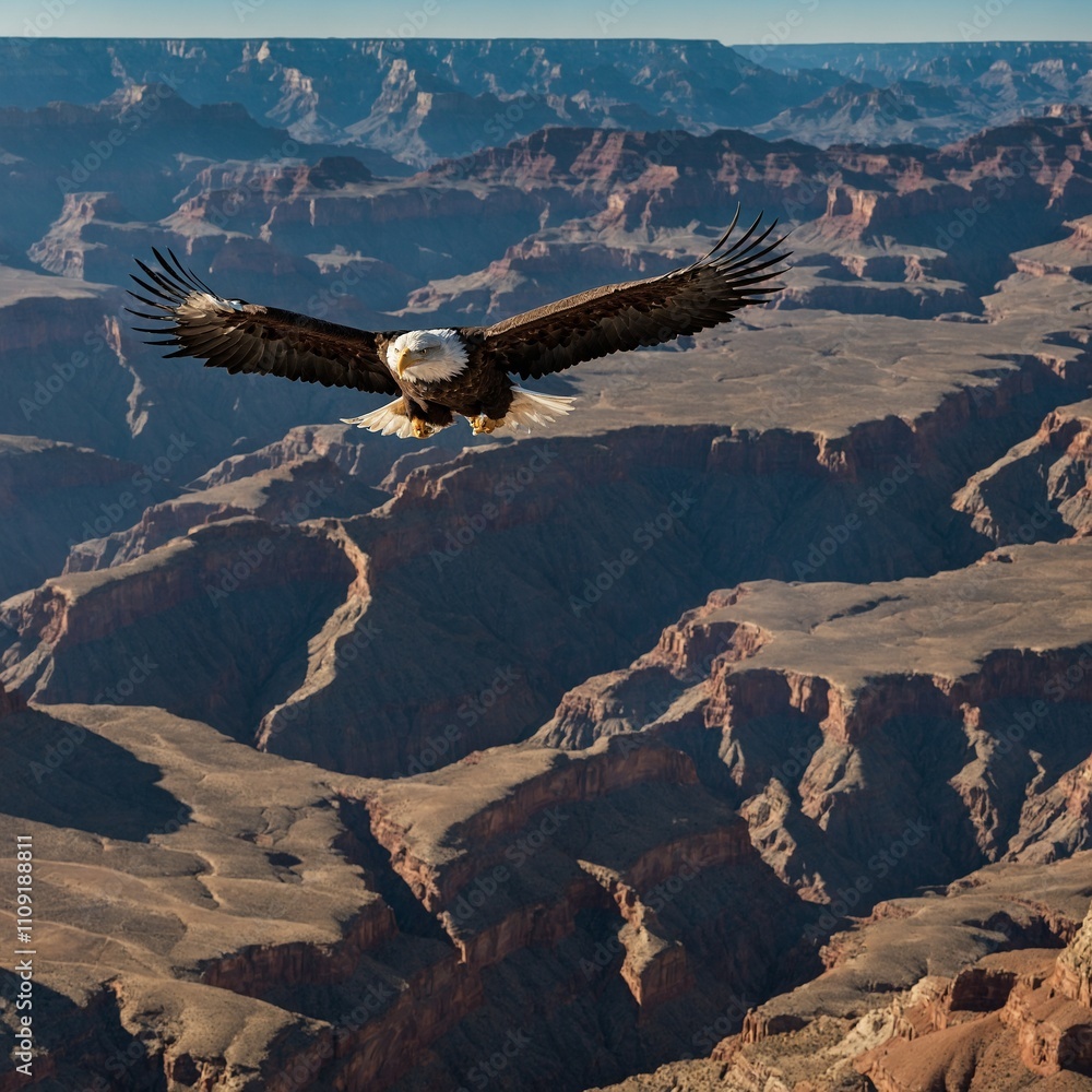 Fototapeta premium A bald eagle soaring above a vast canyon under a clear blue sky.
