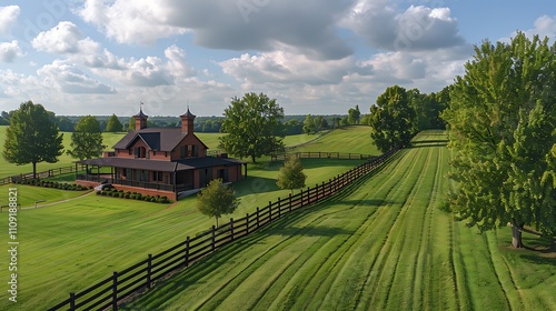Aerial view of stables and fences at a horse farm in Lexington, Kentucky