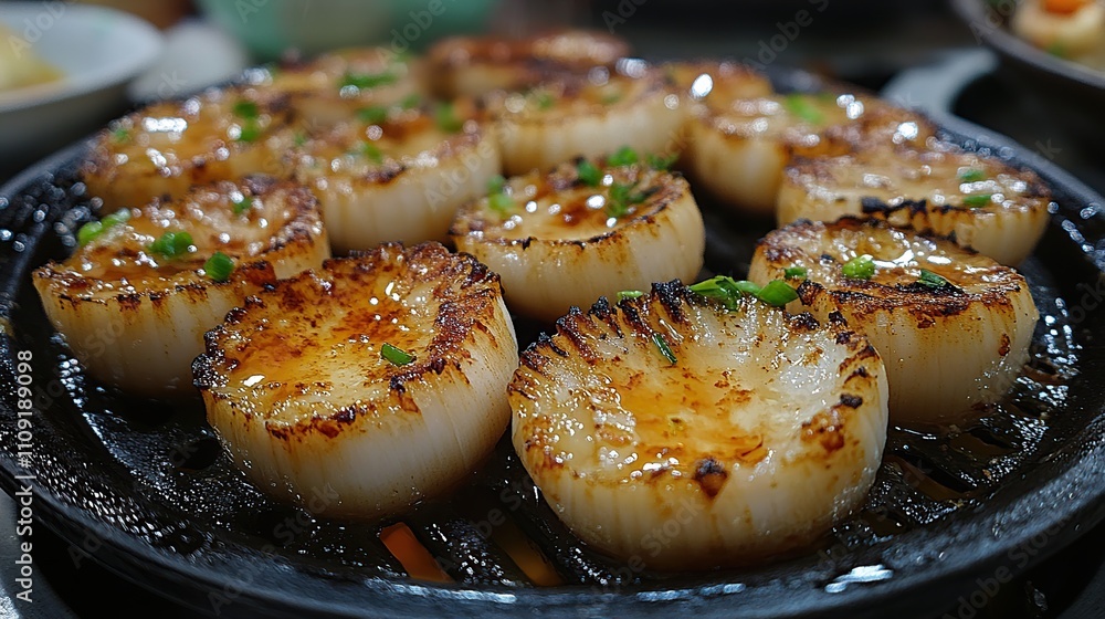 Close-up of grilled scallions glazed with a sweet savory sauce, arranged on a black grill. Close-up of grilled scallions glazed with a sweet savory sauce, arranged on a black grill.