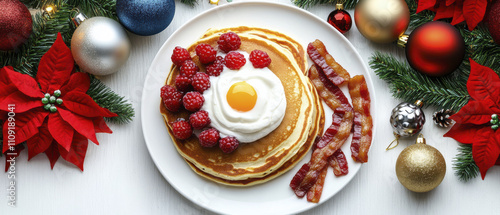 Wallpaper Mural Fluffy pancakes topped with whipped cream, raspberries, and egg, served with crispy bacon, create festive brunch spread. Perfect for holiday celebrations! Torontodigital.ca