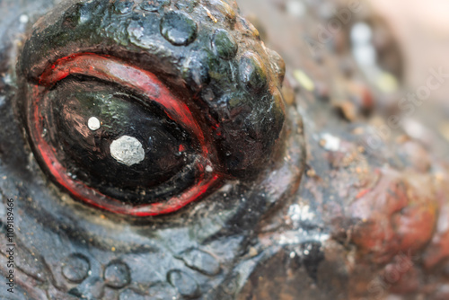 A close up of a frog's eye with a red dot in the center