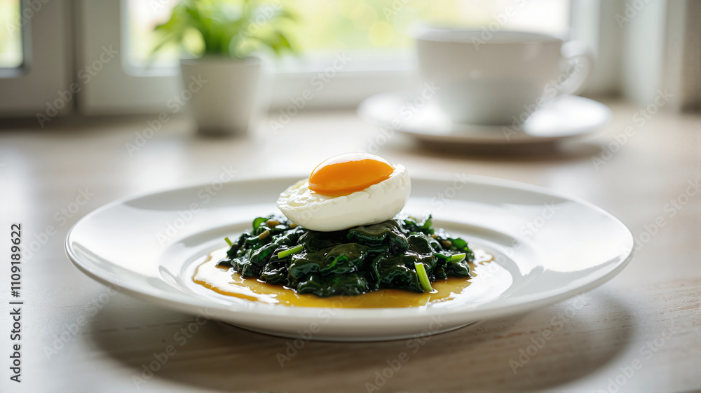 Sautéed spinach with a poached egg on top for a healthy breakfast Sautéed spinach with a poached egg on top for a healthy breakfast