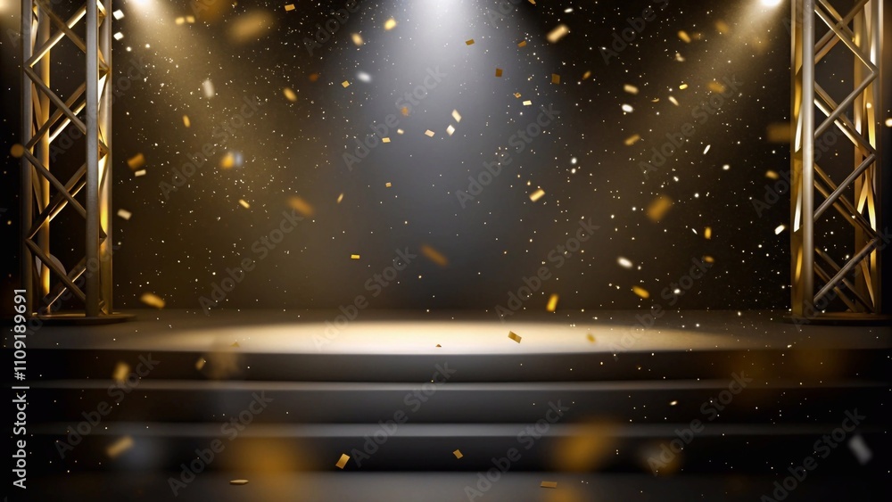 Obraz premium Golden stage illuminated by a spotlight, showered with confetti, set in an empty room for celebrations or presentations.