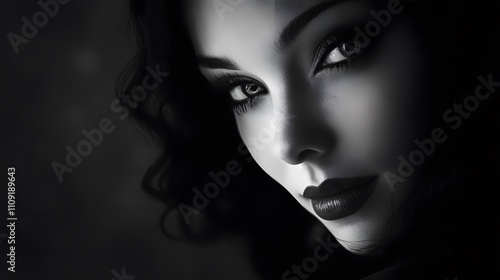 A black and white portrait of a woman with a mysterio